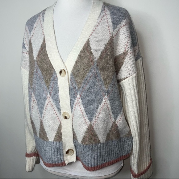 Rachel Zoe Academia Argyle Preppy Cardigan Sweater Size S Neutral Long Sleeve - Picture 4 of 12